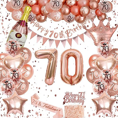70th Birthday Decorations, Rose Gold Party Decoration, Set With 70th Balloons, Champagne Balloon, Triangle Flag Banner