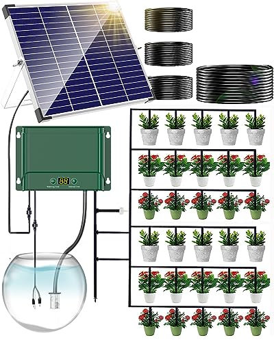 NFESOLAR Solar Drip Irrigation System, Automatic Watering System for 30 Potted Plants, 10W Self Watering Kits with Timer Irrigating Raised Beds Greenhouses Vegetable Gardens Balcony and Hanging Plants
