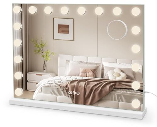 Dripex Miroir Maquillage Hollywood 18 Ampoules LED 80 x 60 cm Miroir Coiffeuse Lumineux Contrôle Tactile Luminosité Réglable sur Table & sur Mur Port Type C et USB - Blanc
