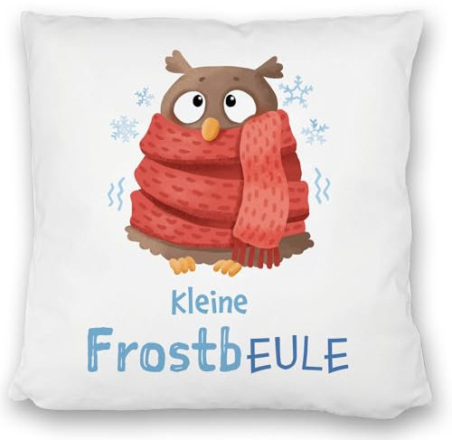 speecheese Kleine Frostbeule Kissen satiniert mit Spruch niedlicher Eule EIN bequemes DekoKissen satiniert für die Couch lustiges Eule Motiv Frostbeulen frieren Frauen Geburtstag Kissen