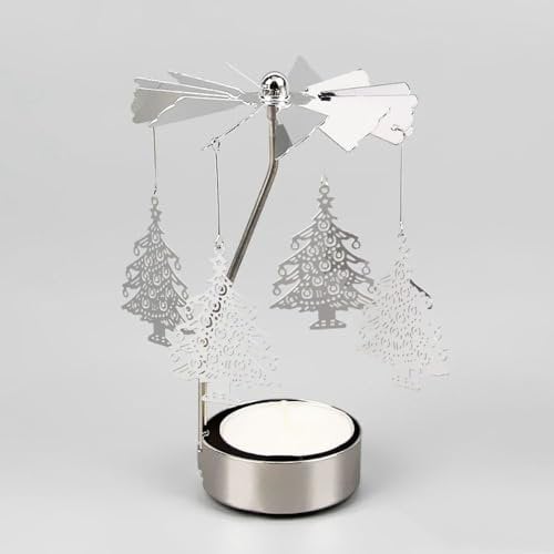 Durable Candle Holder, Metal Rotating Tea Light Holder, Wedding Hollow Rotating Candlesticks, Home Elegance Candle Holder(christmas tree-silver)
