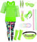 80er 90er Jahre Outfit Damen 20 Stück 80iger Retro Kostüm Off Shoulder Netzshirt Frauen mit Leggins Neon Kleidung Zubehör Set Bauchtasche Ohrring Netzhandschuhe Armband Halskette Bad Taste Outfit 20XL
