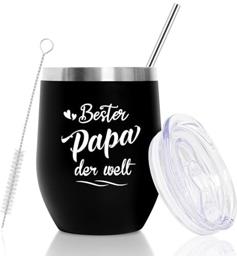 Cadeau de fête des pères pour papa, cadeau pour papa, tasse à café en acier inoxydable avec gravure « Bester Papa der Welt » pour la fête des pères, un anniversaire, Noël, un café, 350 ml, double