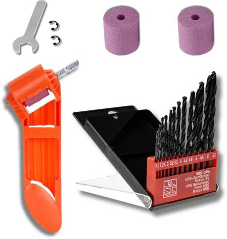Afilador de Brocas para Metal Soporte Herramienta Portátil Accesorios Taladro Vástago Recto Amoladora Esmeril Fácil Metal Cobalto HSS Alta Dureza (Naranja + 13 Brocas + 2 Muelas Extra)