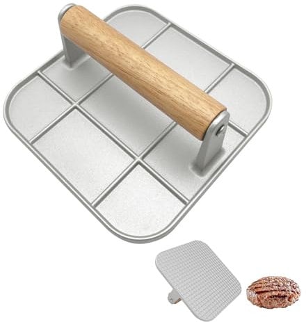 Foyucool Smash Burger Press, 16cm Square Burger Press, Heat Resistant Wooden Handle, No sticker Burger Smasher for BBQ Flat Top Griddle Grill Cooking, Silver