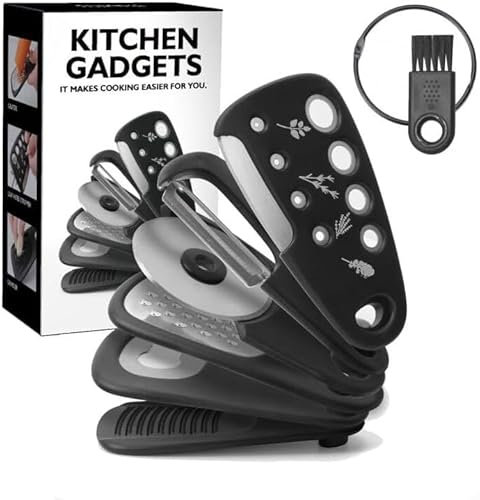 6 in 1 Küchenhelfer Set, Mini Gemüseschäler Platzsparendes Küchenzubehör, Knoblauchmühle, Vanilleschneider, Pizzamesser, Schäler und Flaschenöffner,Geeignet für Küchen, Camping und Reisen