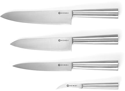 HENDI Set de couteaux de cuisine, 4 pièces, compris couteau de chef, à découper, à éplucheur, poignée ergonomique, résistante à la corrosion, lames durables, en une seule pièce d'acier inoxydable