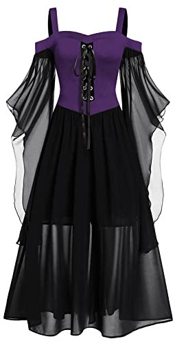 Générique Abito da donna vintage gotico medievale abito da ballo lungo in rete abito a spalle scoperte corsetto corrispondenza dei colori abito vittoriano deformabile donna Halloween, viola., 5XL