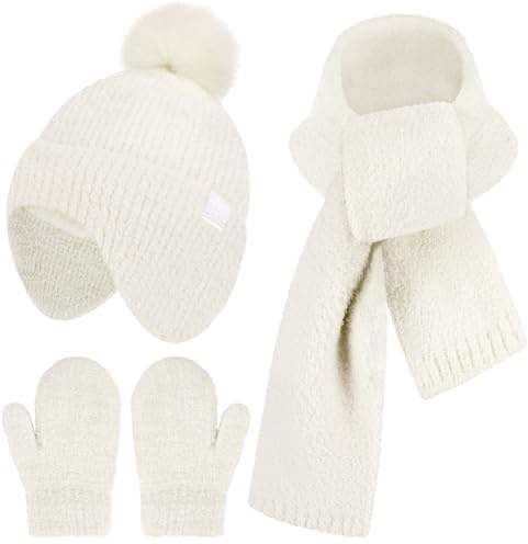 Bequemer Laden Invernale Cappello Bambino Sciarpa Guanti a Manopola 0-4 | Invernali Termici Cappelli Berretti con Paraorecchie e Pon Pon Pile Scaldacollo Muffole Bambina Bambini 0-4 Regalo Natale