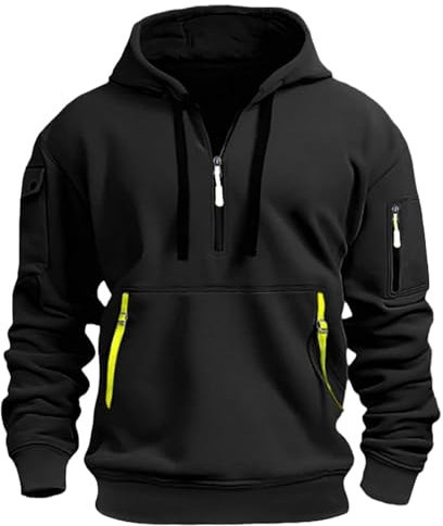 Felpa da lavoro da uomo con cappuccio con coulisse, mezza cerniera e tasche con cerniera, a maniche lunghe, dalla vestibilità comoda, casual, sportiva, calda, per l'autunno e l'inverno, Nero , M