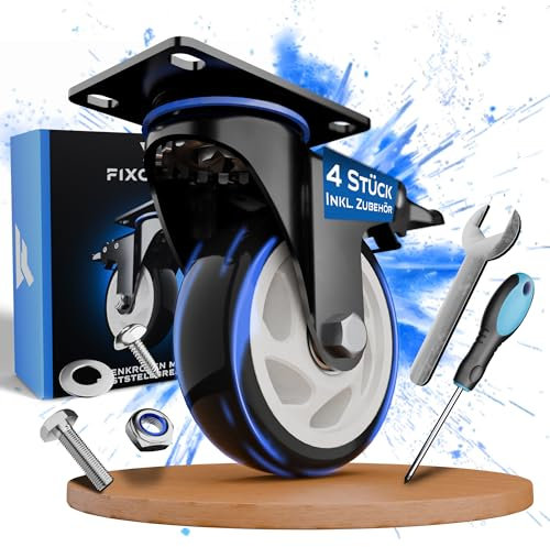FIXCRAFT Hochwertige Schwerlastrollen mit Bremse [4 Stk] - Möbelrollen mit Bremse mit 50mm, 75mm, 100mm - Lenkrollen bis 400kg, Transportrollen für Möbel & Industrie - Rollen Schwerlast