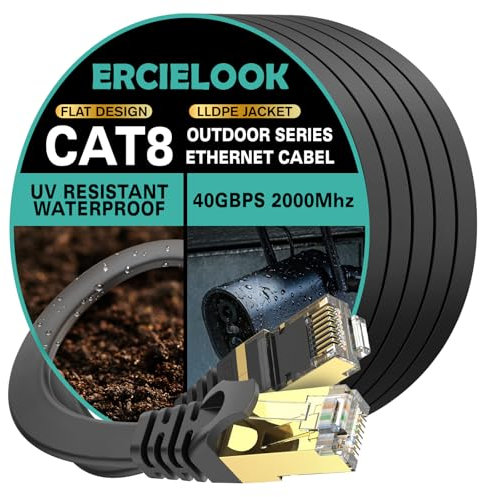 Ercielook Lan Kabel 10 meter - Cat 8 LLDPE für den Außenbereich flaches Netzwerkkabel, High Speed 40Gbps / 2000 Mhz Ethernet kabel für PS5/4 Router Modem