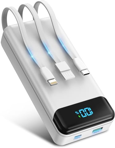 Power Bank 27000mAh, Portable Charger PD20W & QC3.0 Fast Charging with Built-in 3 Cables, 4 Outputs & 3 Inputs Powerbank with LED Display for iPhone, Tablets and More