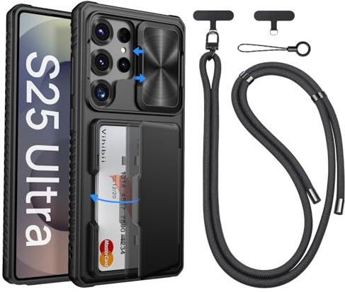 Vihibii for Samsung Galaxy S25 Ultra Case with Crossbody Lanyard Strap, Build-in Card Holder (4 Cards) & Slide Lens Cover & Kickstand & Raised Edges Protect Screen, Shockproof Rugged Phone Case, Black