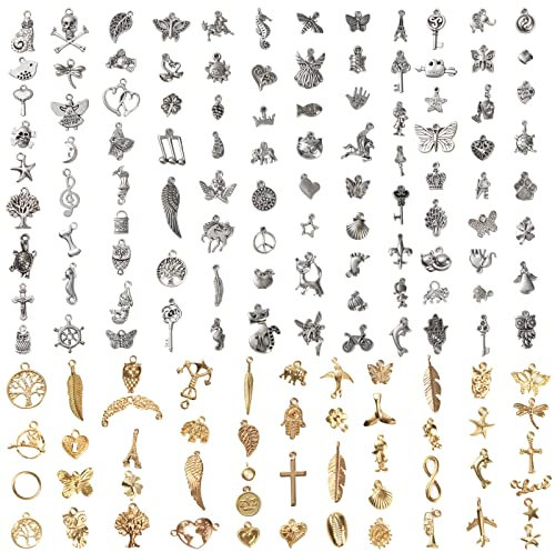 Jesustree Charm Anhänger zum Schmuck, 150 Stück Gemischte Vintage Charms Halskette Armband Ohrring Making Zubehör DIY Basteln Schlüsselzubehör (Silber Gold)