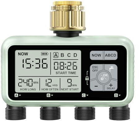 Johgee Computer di irrigazione 4 uscite con ingresso in ottone, orologio digitale per irrigazione con ritardo della pioggia, controllo automatico / manuale dell'irrigazione, timer per giardino prato