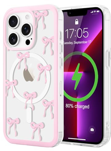 LCHULLE for iPhone 13 Pro Max Case[Compatible with MagSafe],Cute Pink Bows Clear Ribbon Bowknot Pattern Magnetic Case for Women Girls,Shockproof Hard Back Cover for iPhone 13 Pro Max,Bowknot