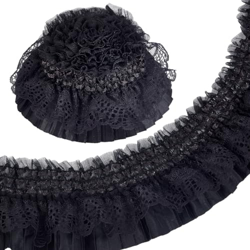 AHANDMAKER 5.5 Yards Elastischer Rüschenbesatz 3 Zoll Breit Doppellagiges Plissiertes Spitzenband Gewellter Rand Spitzenbesatz Zum Nähen Basteln Partykleid Stoff Heimwerkerbedarf Schwarz