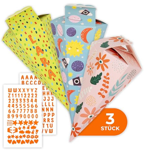 Amari ® Schultüten Bastelset 3er-Set – Schultüte Jungen & Mädchen aus stabilem Karton (350 g) – mit Moosgummi-Stickern – Mini Zuckertüten zum Selber Basteln – Schulanfang DIY