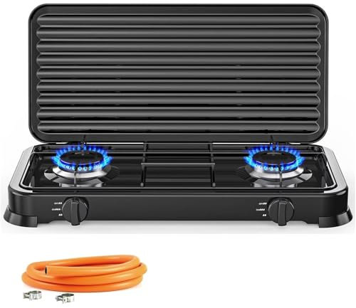 Cocina Hornillo de gas portatil para camping y exterior con 2 quemadores, 30 – 50 mbar, placa de gas con tapa protectora, manguera de presión para butano incluido