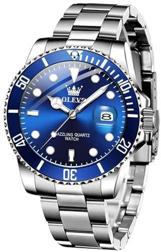 OLEVS Silber Armbanduhr für Herren Metallarmband Elegante Großes Herren Uhren Blau Zifferblatt Modern Wasserdicht Herrenuhren Edelstahl Quarz Analog Männer Uhr mit Datumsanzeige Leuchtende