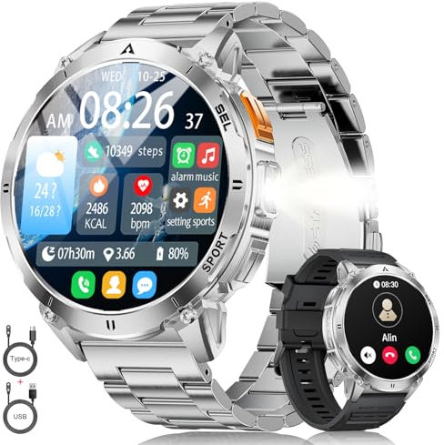 LIGE Reloj Inteligente Hombre con Linterna, 1.62 AMOLED Militar Smartwatch con Llamadas Bluetooth,730mAh Batería grande,110+ Modos Deportivos Pulsera Actividad, 24/7 Pulsómetro/Sueño para Android iOS