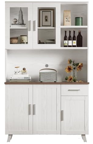 Landhausstil Hochschrank mit Türsystem Vitrine Regalboden Wohnraumeinrichtung Essmöbel Dekorationsfläche Haushaltsmöbel Kompaktlösung Schubladenaufteilung Holzstruktur Griffdesign (Weiße+Braune)