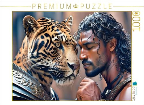 CALVENDO Puzzle Heroischer Krieger mit mächtigem Jaguar | 1000 Teile Lege-Größe 64 x 48 cm Foto-Puzzle für glückliche Stunden