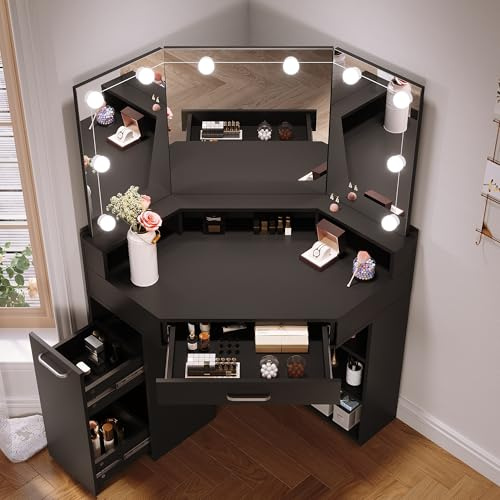 SONNI Große Schminktisch 110cm mit 3 LED-Spiegel, 110x54x141.5cm, Schwarz | Kosmetiktisch mit Dreifachspiegel, Großer Schublade, Auszugsschrank & Regalen, Frisierkommode für Schlafzimmer, Wohnung
