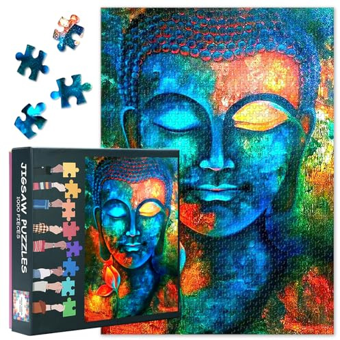 1000 Teile Puzzle: Indigo Blaue Buddha-Kopf mit Lotosblume (50x70cm) - Spirituelle Mythologische Kunst, Meditatives Sammlerstück für Wohndeko & Besondere Geschenke