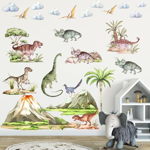 Zourglow Wandtattoo Dinosaurier, Wanddekoration Wandsticker mit Dinos | Großer Wandaufkleber für Kinderzimmer Babyzimmer Schlafzimmer Jungenzimmer Wanddeko