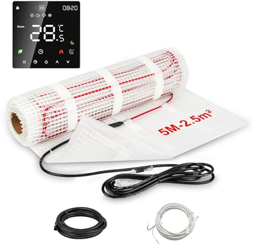 TEOV Elektrische Fußbodenheizung 5M 2.5m² mit Thermostat, 230V, 160 W/m² Selbstklebend Fußbodenheizung，für Laminat, Fliesen mehr