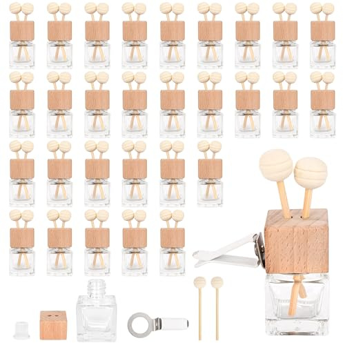 ohbien 30Pack 8ml Car Air Freshener Diffuser Bottles with Vent Clip | Empty Glass Car Air Freshener Perfume Bottle Refillable with Reed Diffuser Stick for Home Office Automotive Interior Decor