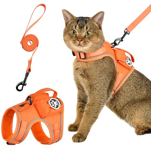 OneTigris Katzengeschirr mit Leine, CATATRIX katzenleine mit Geschirr Ausbruchsicher mit Reflektorstreifen Steuergriff & GPS-Tasche Leichtes Haustiergeschirr für Katzen (Orange, XXS)