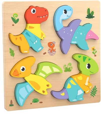 Copbopwn 4-in-1 Wooden Puzzles for Toddlers 1-3 Years Old Montessori Learning Toys for Babies, Educational Jigsaw Puzzles for 1 2 3 Year Old Boys Girls Safe Wooden Toys for Kids Birthday (Dinosaur)