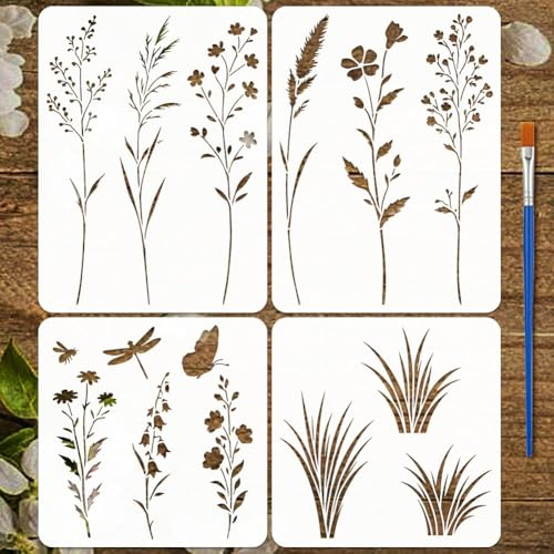 FINGERINSPIRE 4 Stück Wildblumen Schablonen Mit Pinsel 2 Größe Wildgras Schmetterlinge Libellen Malschablone Wiederverwendbare Blumenmuster Schablonen Zum Malen Auf Holz Wand Stoffen Karton Leinwand