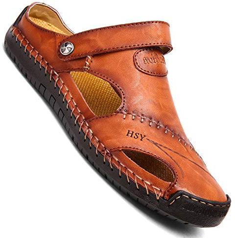 GSNOW Mens Casual Closed Toe Leather Outdoor Sports Sandals Beach Slippers Flat Shoes
