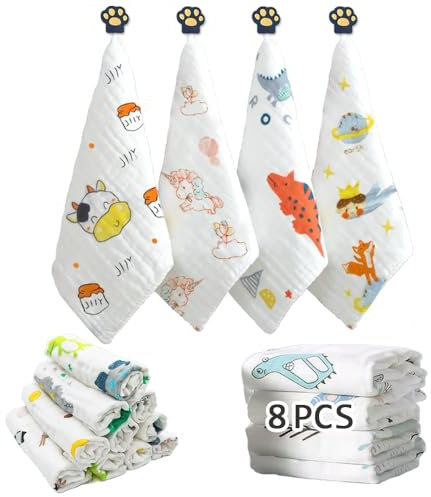 Caiery 8PCS Bébé en Mousseline Gants de Toilette, Débarbouillettes pour bébés, Baby Wash Cloths, Serviettes pour Le Visage de bébé, Bébé Nouveau-né Serviette de Visage, 30 x 30 CM