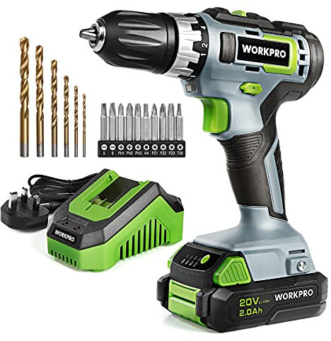 WORKPRO 20V Electric Drill Driver with 2000 mAh Battery, 1H Quick Charger, 25 Nm Max, 18+1 Torque, 3/8 Chuck, 2 Speed, LED Light, 16 pcs Drill and Screwdriver Bit