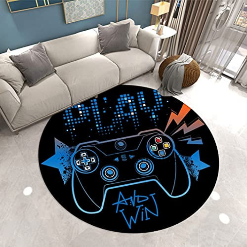Runder Schlafzimmer Teppich 3D Game Controller Teenager Kinder Jungen Erwachsene Wohnzimmerteppich Rutschfester Graffiti Spielkonsole Schwarz Lila Flanell Dekorativer Teppich (Bunt 1,140cm)