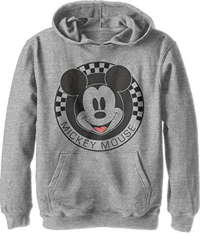 Disney Characters Mickey Mouse Checkered Boy's Hooded Pullover Fleece, Athletic Heather, Small