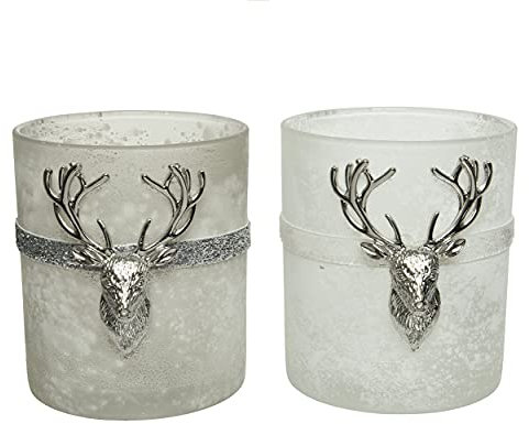 Decoris Teelichthalter Glas mit Hirsch 10cm x 1 Stück Sortiert Teelichtgläser weiß grau