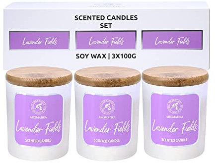 Aroma Kerze Lavendel - Duftkerzenset 3x 100 g - Aromatherapie mit Natürliche Lavendelöl - Duftkerze für Hause - Wunderschöner Intensiver Duft - Kerzen für Raumduft - Idee für Geburtstag - Weihnachten