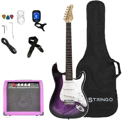 Kit de guitarra eléctrica morada para principiantes, tamaño completo, 39 pulgadas, incluye guitarra trémolo, amplificador de 20 W, 2 púas, correa de hombro, afinador, funda de bolsa