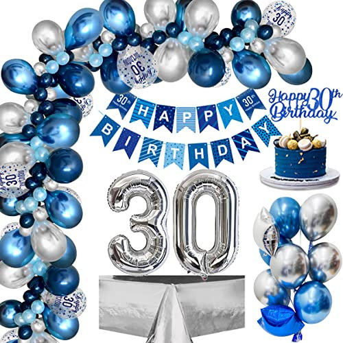 30. Geburtstag Deko, Luftballons 30.Geburtstag Männer mit Blau Silber Luftballons 30. Happy Birthday Banner, Folienballon 30.Konfetti Ballon für Männer Frauen Geburtstagsdeko 30 Jahre Mehrweg