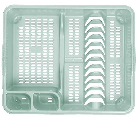 High Grade Plastic Large Dish Drainer Tray Utensil Holder, Draining Board, Dish Drying Rack for Plates and Cutlery 46.50 x 38.00 x 9.00 cm For Kitchen Countertop (Large Dish Drainer, Silver Sage)