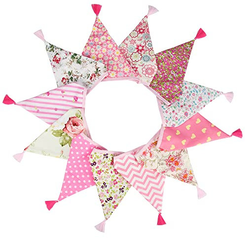 G2PLUS Fabric Bunting Banner with Tassel, 3.3M Double Sided Cotton Tassel Banner with 12 Pink Triangle Pennants, Vintage Cloth Garlands for Nursery Bedroom Playhouse Decoration