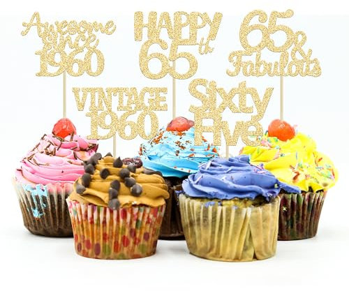 Gyufise 30 Pack Gold Glitter 65th Birthday Cupcake Toppers Vintage 1960 Hello 65 Cake Topper Sixty Five 65 & Fabulous Cupcake Picks 65th Birthday Cake Decorations Supplies