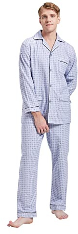 GLOBAL Men's Traditional Cotton Flannel Pyjama Set,Grey Squares 1,L