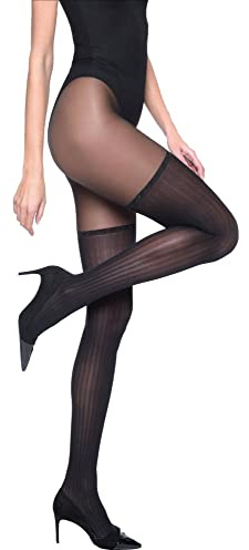 Conte Fantasy Opaque Pantyhose with Overknees Imitation and Light Vertical Stripes Pattern, Glam 30 Den, Black (Nero), Medium